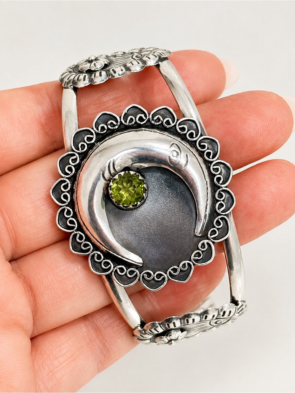 950 Sterling Silver Crescent Moon Bracelet with Peridot Gemstone